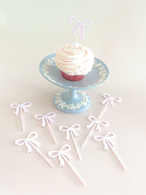 Pink Bow Cupcake Toppers for girl baby shower - Girl birthday party - acrylic cake topper - french bow - Fancy Garden Tea Party Decoration (Blush Pink, Set of 5 cupcake toppers)