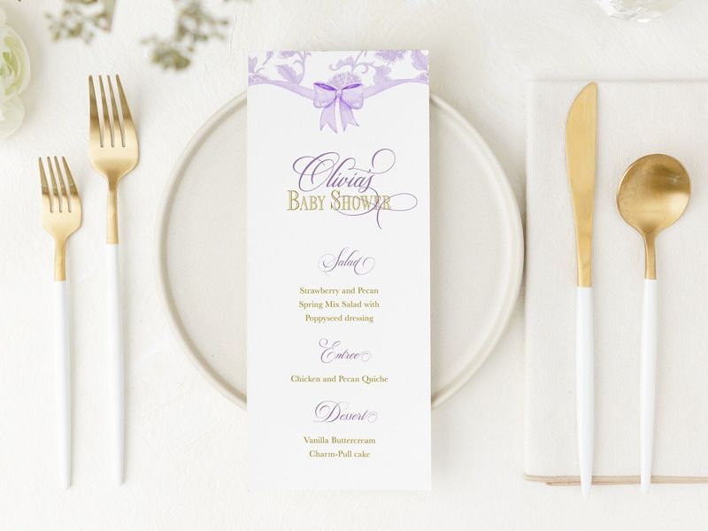 Printed Menu Cards for Lilac Chinoiserie Baby Shower, Bridal Tea Menu Card, Bridesmaids Luncheon Printed Menu, Baby Brunch Menu Cards (JPG one per page)