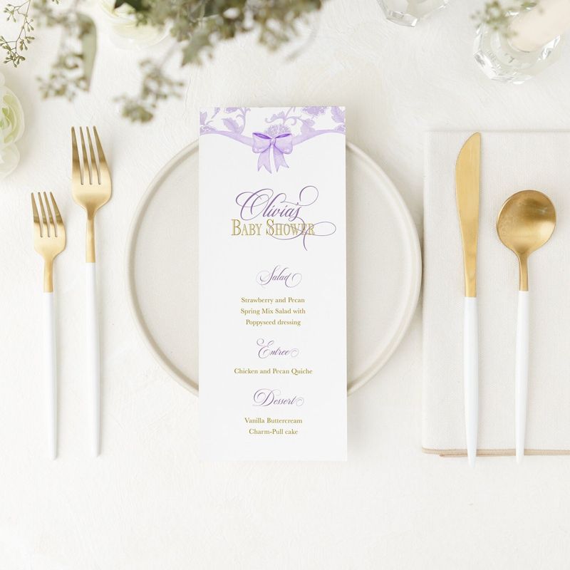 Printed Menu Cards for Lilac Chinoiserie Baby Shower, Bridal Tea Menu Card, Bridesmaids Luncheon Printed Menu, Baby Brunch Menu Cards (JPG one per page)