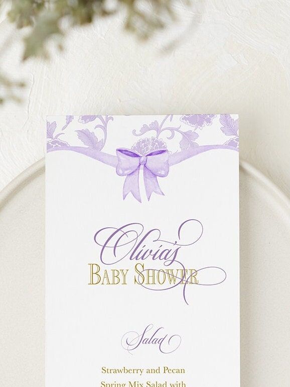 Printed Menu Cards for Lilac Chinoiserie Baby Shower, Bridal Tea Menu Card, Bridesmaids Luncheon Printed Menu, Baby Brunch Menu Cards (JPG one per page)