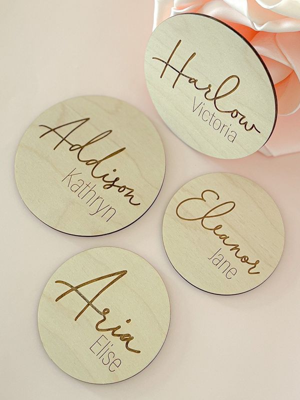 Baby Name Sign for hospital Baby Birth Announcement Sign Baby Name Plaque Newborn Name Wood Sign Engraved Wooden Name Reveal (4")