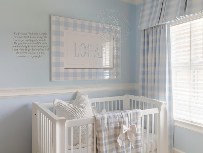 Boy Name Wall Art for Nursery - Personalized Printed Boy Room Decor - Baby Boy Nursery - Blue Gingham Name Print (5x7, Landscape)