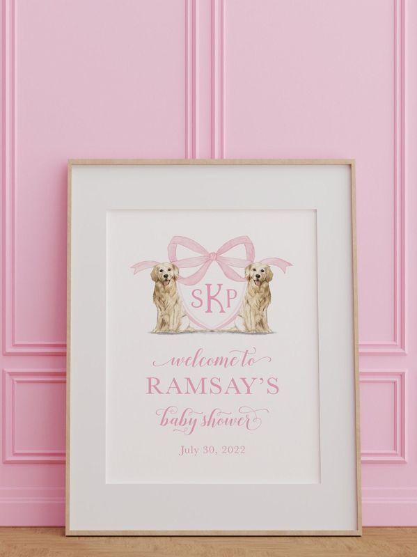 Girl Baby Shower Welcome Sign - Girl Baby Sprinkle Sign - Golden Retriever Monogram Crest