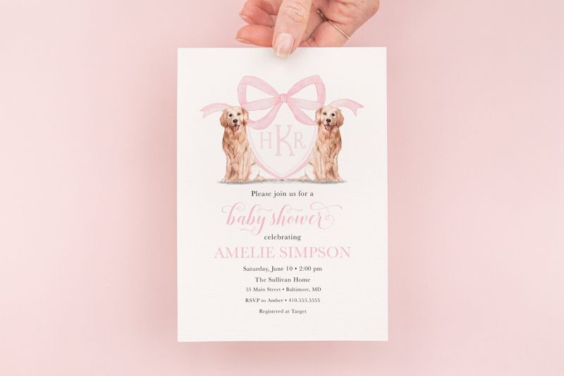 Girl Baby Shower Invitation, Preppy Watercolor Crest, Golden Retriever, Pink Monogram, Bow Baby Shower Invitations (10 printed invitations | Plain White Envelopes)