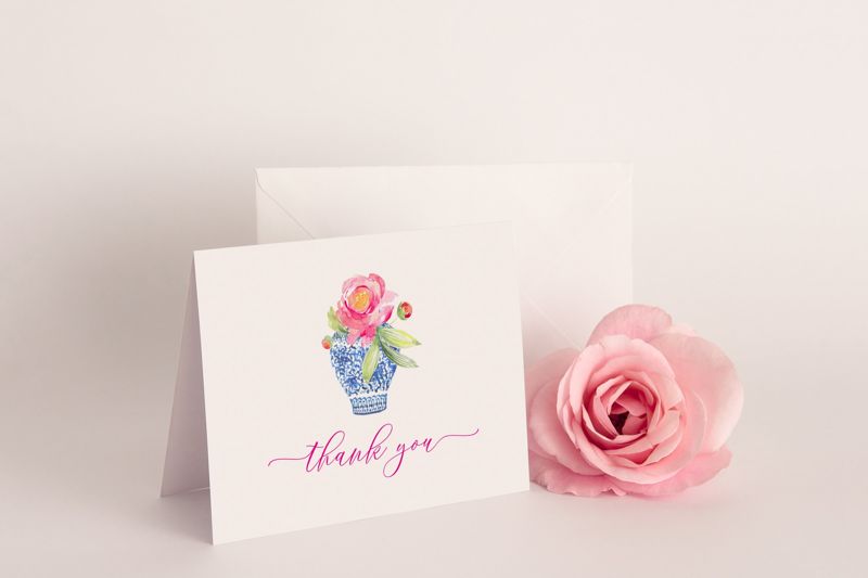Chinoiserie Ginger Jar Thank You Notes - bridal florals in jar - chinoiserie chic - grandmillenial style (20 printed notes)