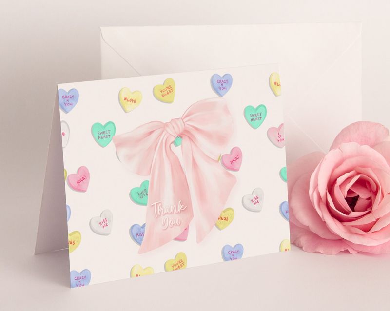 Valentines Day Candy Hearts Thank You Notes with pink bow - Printed Note Cards - Baby Shower Thank You - February Birthday Party (20 printed notes)