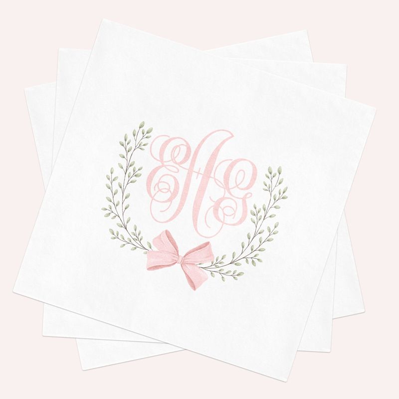 Napkins for Baby Shower or Birthday Party, Pink Bow Crest Paper Napkins, Personalized Monogram Napkins, Baby Girl Sprinkle, Cocktail Napkins (100 Printed Napkins)