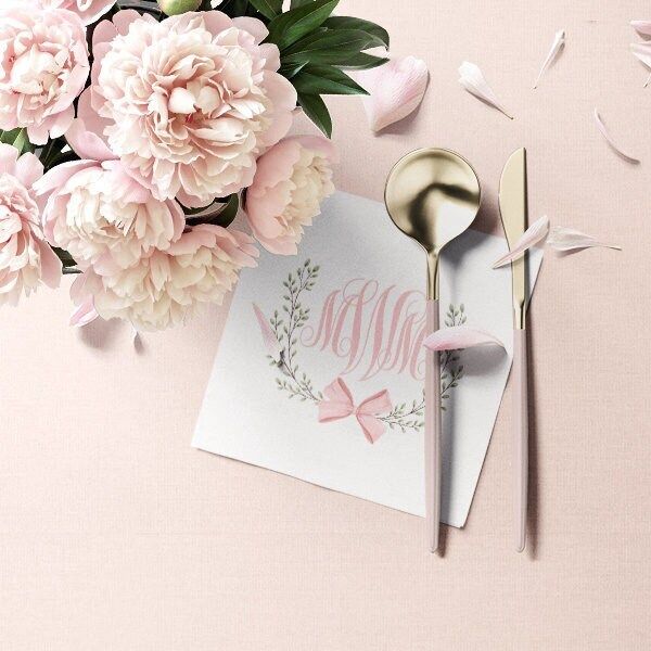 Napkins for Baby Shower or Birthday Party, Pink Bow Crest Paper Napkins, Personalized Monogram Napkins, Baby Girl Sprinkle, Cocktail Napkins (100 Printed Napkins)