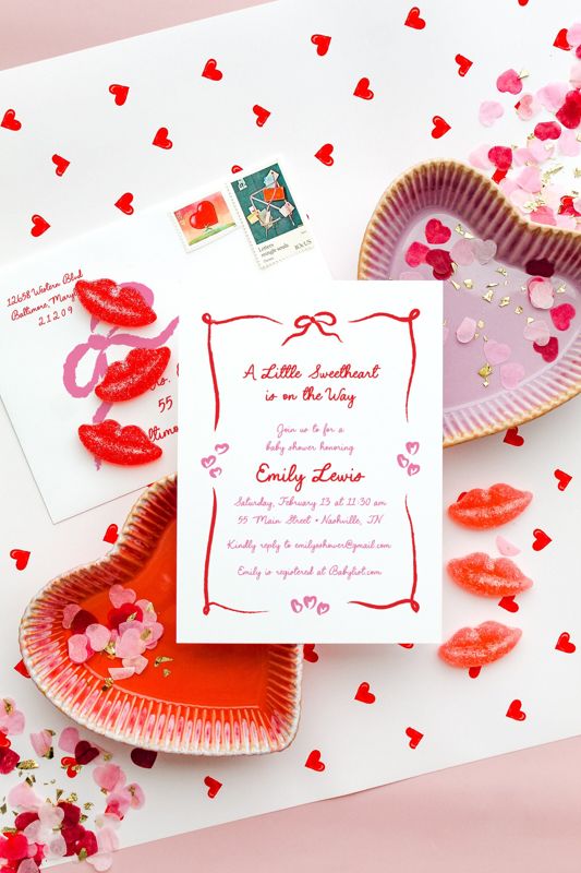Valentines Day Baby Girl Shower Invitations Hand Drawn - Baby Girl Sprinkle - February Baby Sip and See - 1st Birthday Girl (10 printed invitations | Plain White Envelopes)