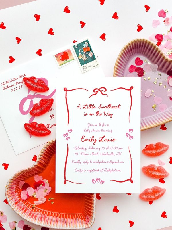 Valentines Day Baby Girl Shower Invitations Hand Drawn - Baby Girl Sprinkle - February Baby Sip and See - 1st Birthday Girl (10 printed invitations | Plain White Envelopes)