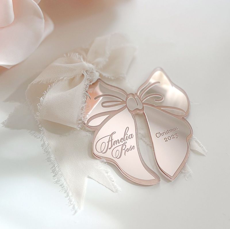 Pink Bow Christmas Ornament for Girl, baby’s First christmas ornament, Christmas 2024 Ornament, Statement Bow Stocking tag (Rose Gold Mirror)