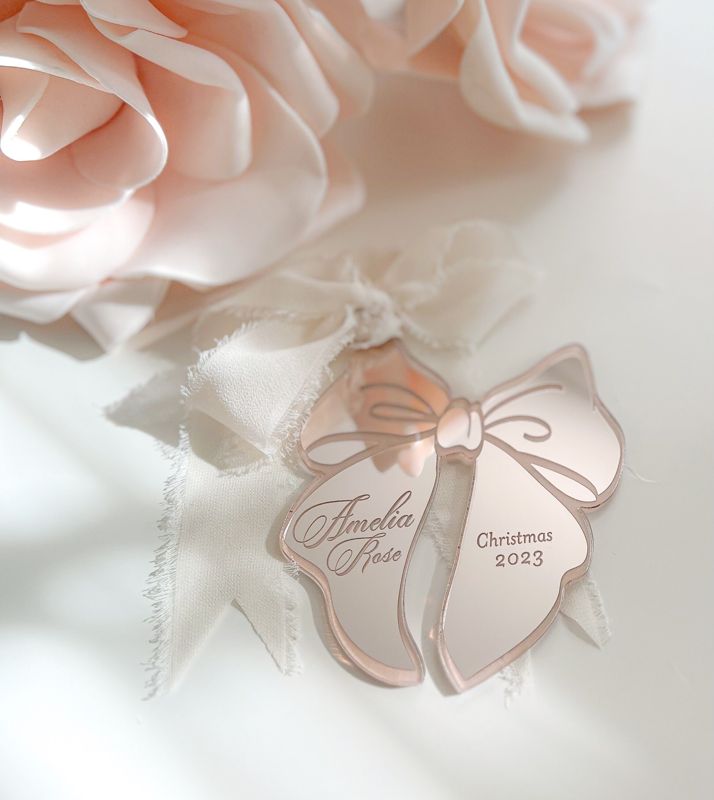 Pink Bow Christmas Ornament for Girl, baby’s First christmas ornament, Christmas 2024 Ornament, Statement Bow Stocking tag (Rose Gold Mirror)