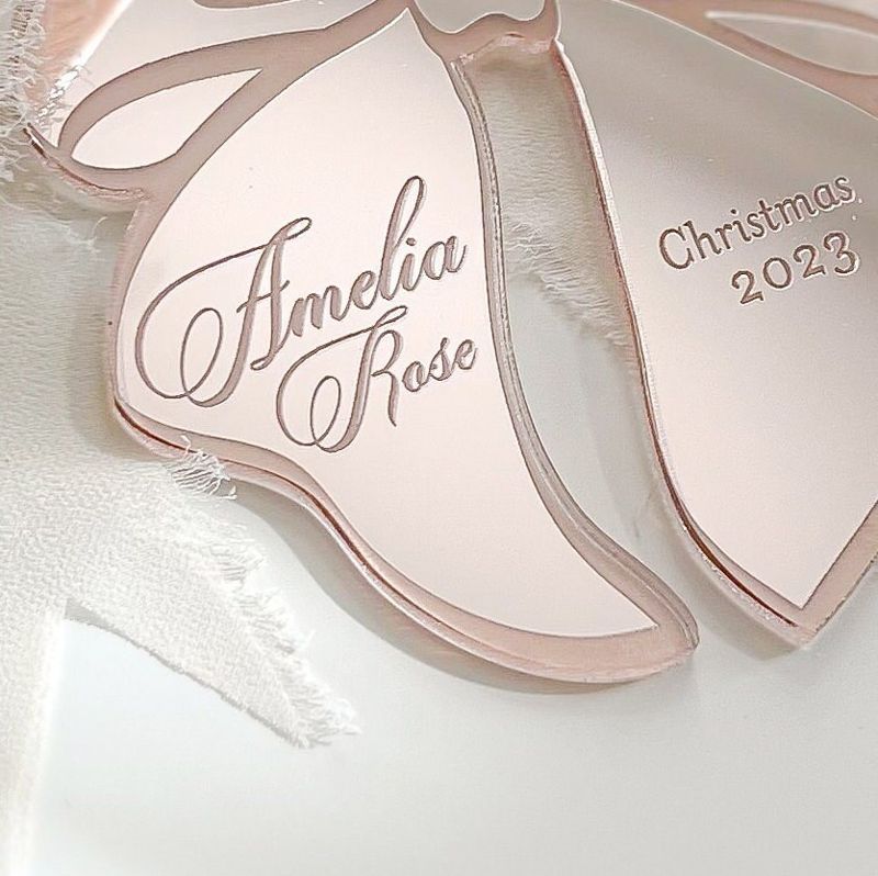 Pink Bow Christmas Ornament for Girl, baby’s First christmas ornament, Christmas 2024 Ornament, Statement Bow Stocking tag (Rose Gold Mirror)