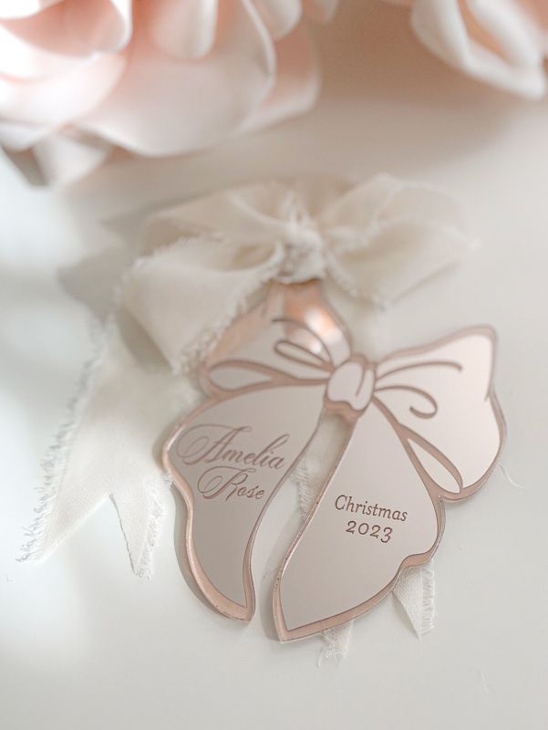 Pink Bow Christmas Ornament for Girl, baby’s First christmas ornament, Christmas 2024 Ornament, Statement Bow Stocking tag (Rose Gold Mirror)