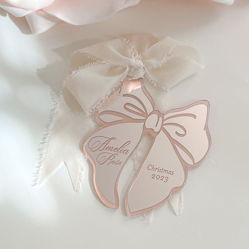 Pink Bow Christmas Ornament for Girl, baby’s First christmas ornament, Christmas 2024 Ornament, Statement Bow Stocking tag (Rose Gold Mirror)