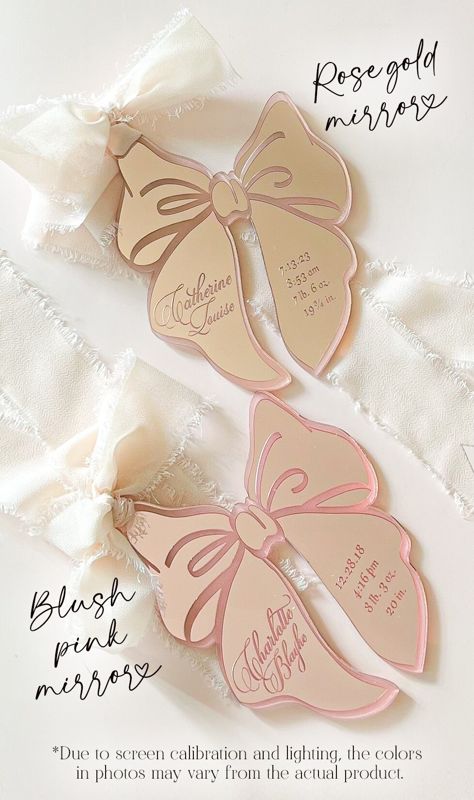 Pink Bow Christmas Ornament for Girl, baby’s First christmas ornament, Christmas 2024 Ornament, Statement Bow Stocking tag (Rose Gold Mirror)