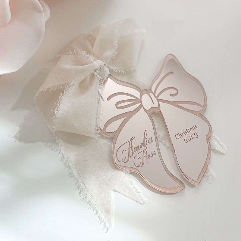 Pink Bow Christmas Ornament for Girl, baby’s First christmas ornament, Christmas 2024 Ornament, Statement Bow Stocking tag (Rose Gold Mirror)