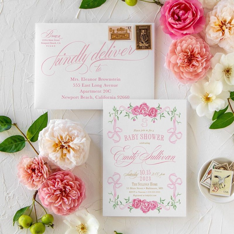 Pink Bow Baby Girl Shower Invitations - Fancy Girl Baby Sprinkle - Pink Bow Love Fancy Party Feminine (10 printed invitations | Plain White Envelopes)