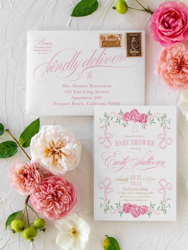 Pink Bow Baby Girl Shower Invitations - Fancy Girl Baby Sprinkle - Pink Bow Love Fancy Party Feminine (10 printed invitations | Plain White Envelopes)