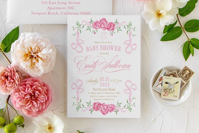 Pink Bow Baby Girl Shower Invitations - Fancy Girl Baby Sprinkle - Pink Bow Love Fancy Party Feminine (10 printed invitations | Plain White Envelopes)