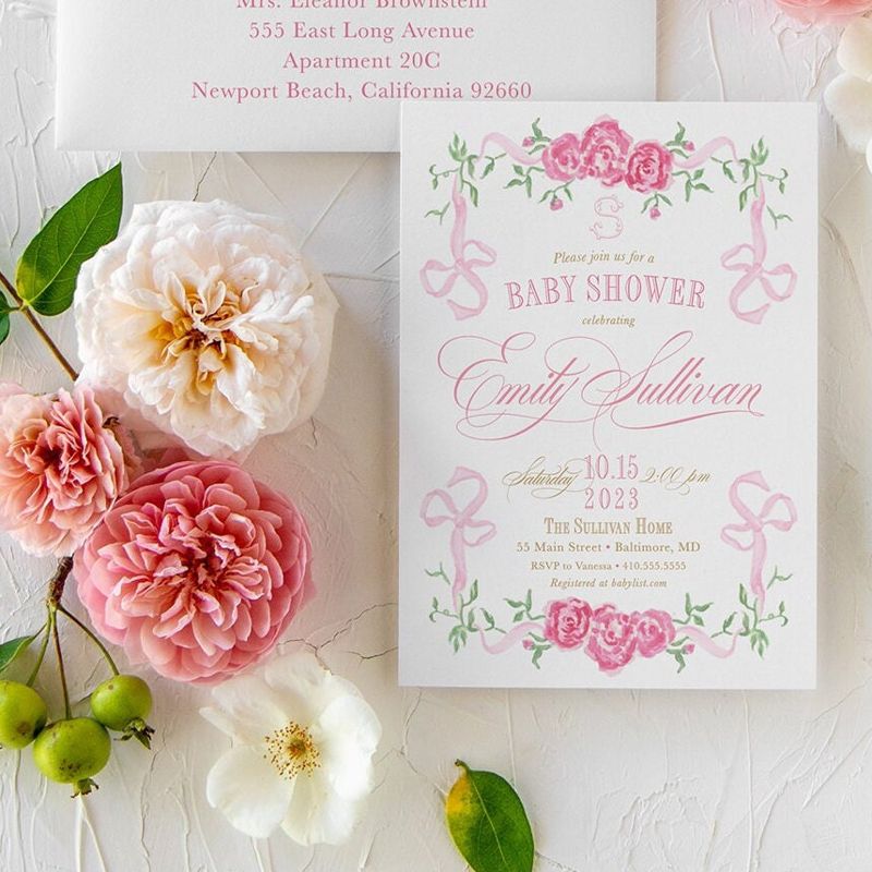 Pink Bow Baby Girl Shower Invitations - Fancy Girl Baby Sprinkle - Pink Bow Love Fancy Party Feminine (10 printed invitations | Plain White Envelopes)