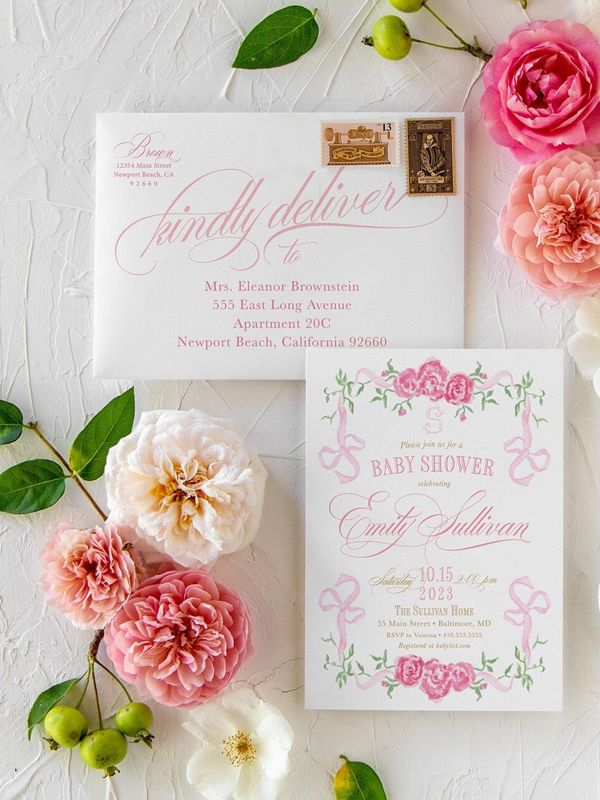 Pink Bow Baby Girl Shower Invitations - Fancy Girl Baby Sprinkle - Pink Bow Love Fancy Party Feminine (10 printed invitations | Plain White Envelopes)