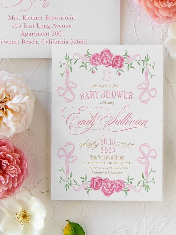 Pink Bow Baby Girl Shower Invitations - Fancy Girl Baby Sprinkle - Pink Bow Love Fancy Party Feminine (10 printed invitations | Plain White Envelopes)
