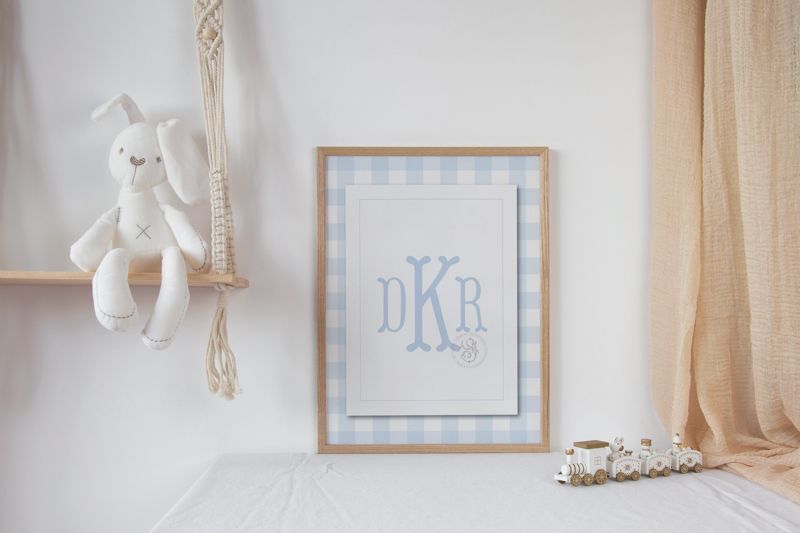 Blue Gingham Wall Art for Nursery - Printed Monogram Boy Room Decor - Baby Boy Nursery - Grandmillenial Boys Room - Blue Fishtail Monogram (5x7 | Landscape)