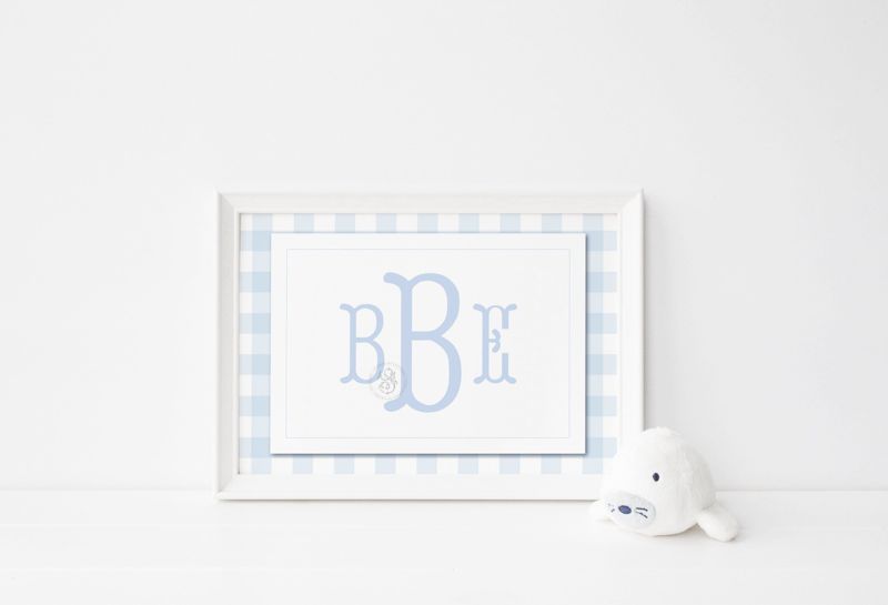 Blue Gingham Wall Art for Nursery - Printed Monogram Boy Room Decor - Baby Boy Nursery - Grandmillenial Boys Room - Blue Fishtail Monogram (5x7 | Landscape)