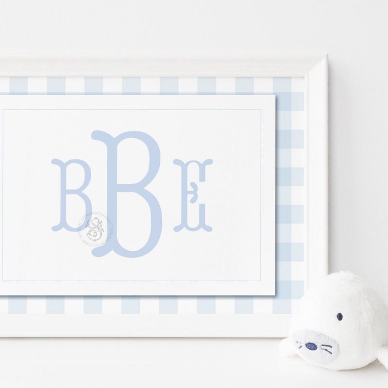 Blue Gingham Wall Art for Nursery - Printed Monogram Boy Room Decor - Baby Boy Nursery - Grandmillenial Boys Room - Blue Fishtail Monogram (5x7 | Landscape)