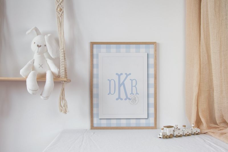 Blue Gingham Wall Art for Nursery - Printed Monogram Boy Room Decor - Baby Boy Nursery - Grandmillenial Boys Room - Blue Fishtail Monogram (5x7 | Landscape)