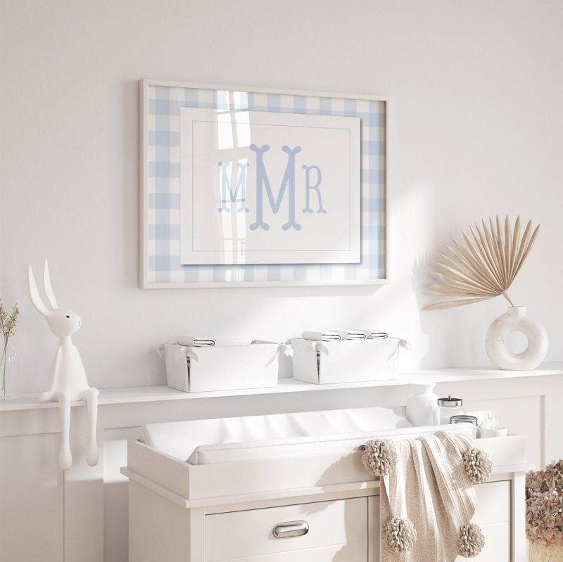 Blue Gingham Wall Art for Nursery - Printed Monogram Boy Room Decor - Baby Boy Nursery - Grandmillenial Boys Room - Blue Fishtail Monogram (5x7 | Landscape)