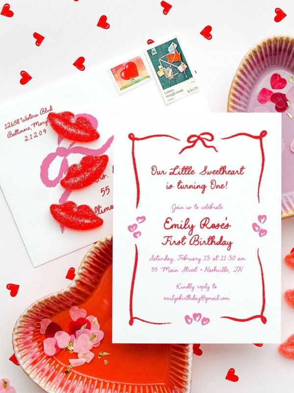 Valentines Day Birthday Party Invitations Hand Drawn - Girl first birthday - February Birthday - 1st Birthday Girl (10 printed invitations | Plain White Envelopes)