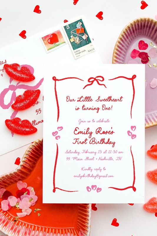 Valentines Day Birthday Party Invitations Hand Drawn - Girl first birthday - February Birthday - 1st Birthday Girl (10 printed invitations | Plain White Envelopes)