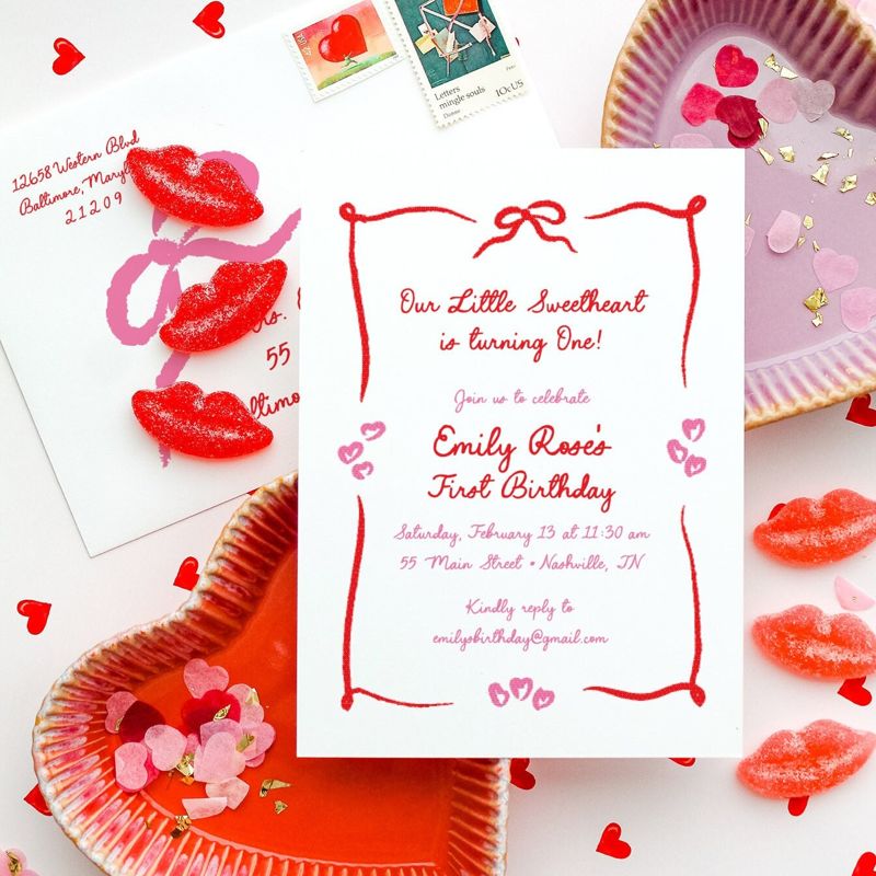 Valentines Day Birthday Party Invitations Hand Drawn - Girl first birthday - February Birthday - 1st Birthday Girl (10 printed invitations | Plain White Envelopes)