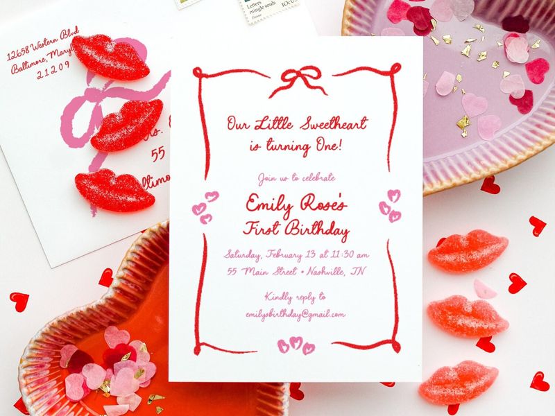 Valentines Day Birthday Party Invitations Hand Drawn - Girl first birthday - February Birthday - 1st Birthday Girl (10 printed invitations | Plain White Envelopes)