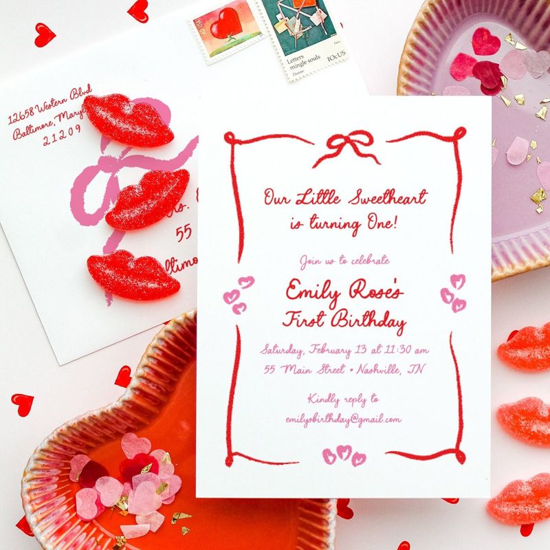 Valentines Day Birthday Party Invitations Hand Drawn - Girl first birthday - February Birthday - 1st Birthday Girl (10 printed invitations | Plain White Envelopes)