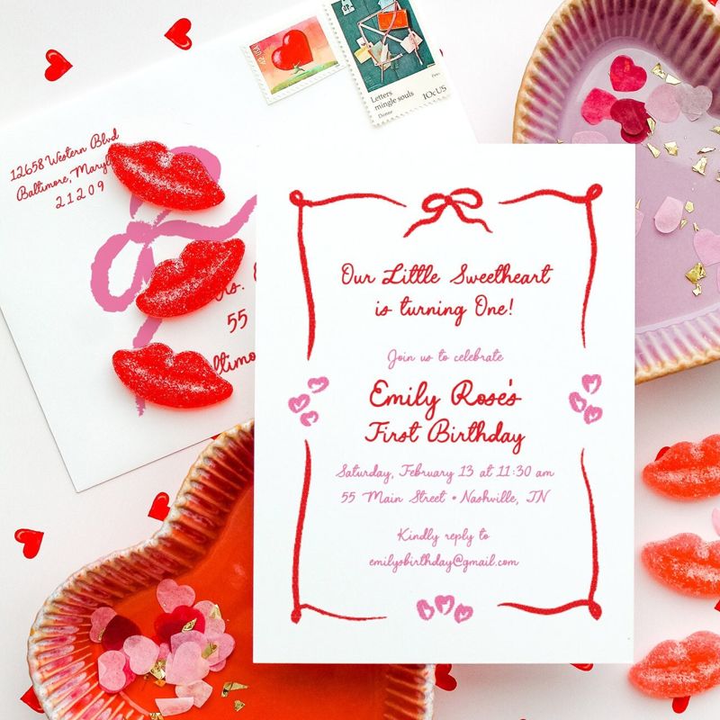 Valentines Day Birthday Party Invitations Hand Drawn - Girl first birthday - February Birthday - 1st Birthday Girl (10 printed invitations | Plain White Envelopes)