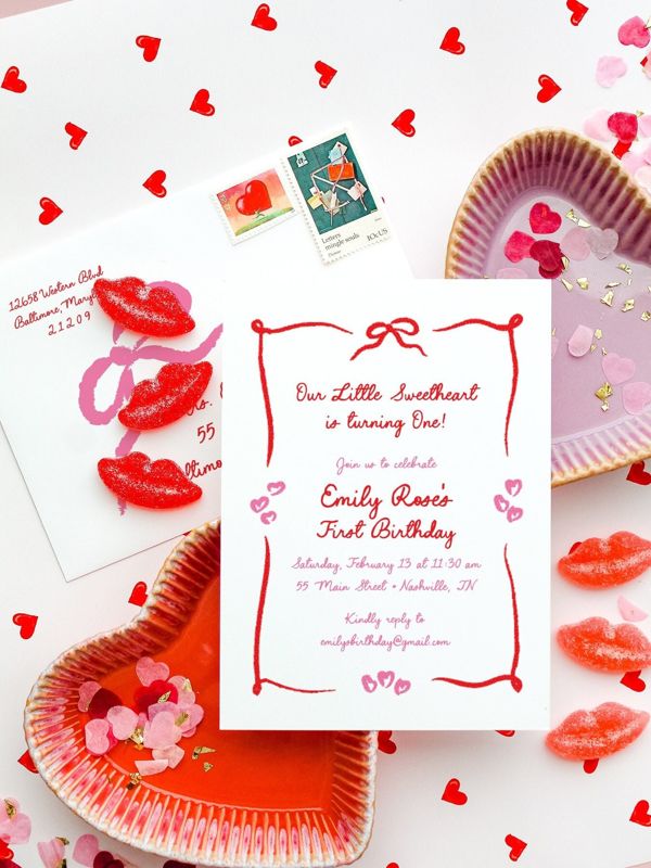 Valentines Day Birthday Party Invitations Hand Drawn - Girl first birthday - February Birthday - 1st Birthday Girl (10 printed invitations | Plain White Envelopes)