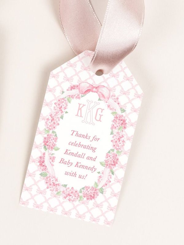 Grandmillenial Baby Girl Shower Favor Tag - Girl Baby Sprinkle - Printable Favor Tag - Pink Bow Hydrangea - Watercolor Bow