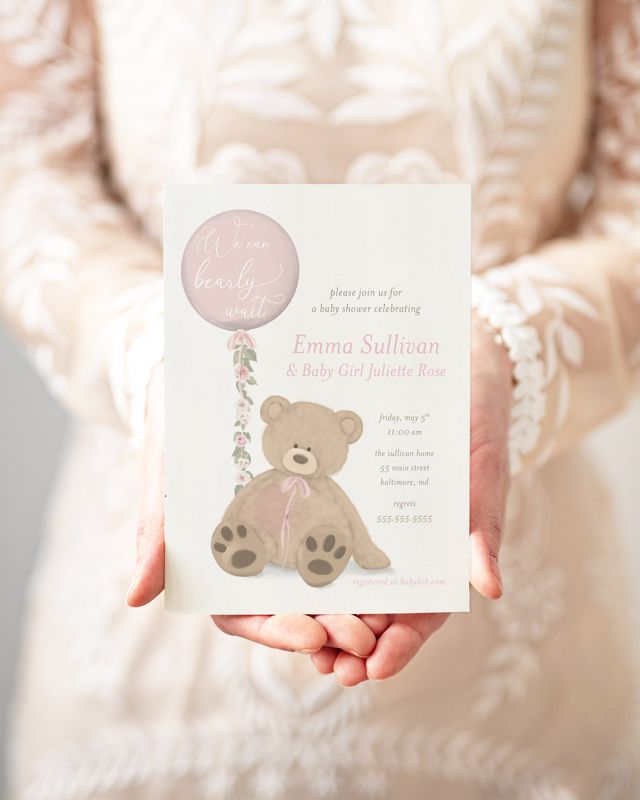 Bearly Wait Baby Shower Invitations - Girl Baby Sprinkle Teddy Bear Invites - Bear Balloon Invitations (10 printed invitations | Plain White Envelopes)
