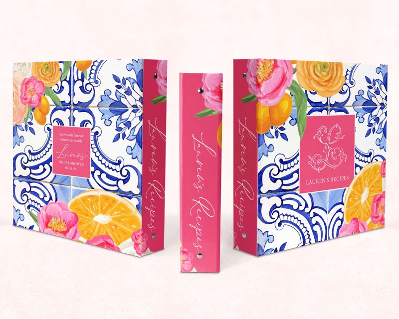 Recipe Book Binder with Orange and Blue Tile, Recipes for Bride, Blank Cookbook - Custom 3 Ring Binder - Bridal Shower Gift - Gift for Bride