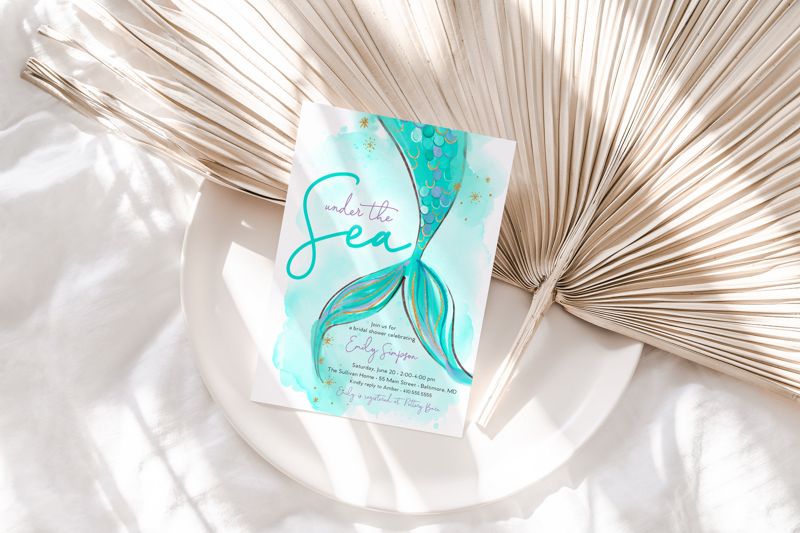 Mermaid Bridal Shower Invitation, Mermaid Tail Invite, Beach Invitation, Sea of Love, Bachelorette Bash, Bachelorette Bash (10 printed invitations | Plain White Envelopes)