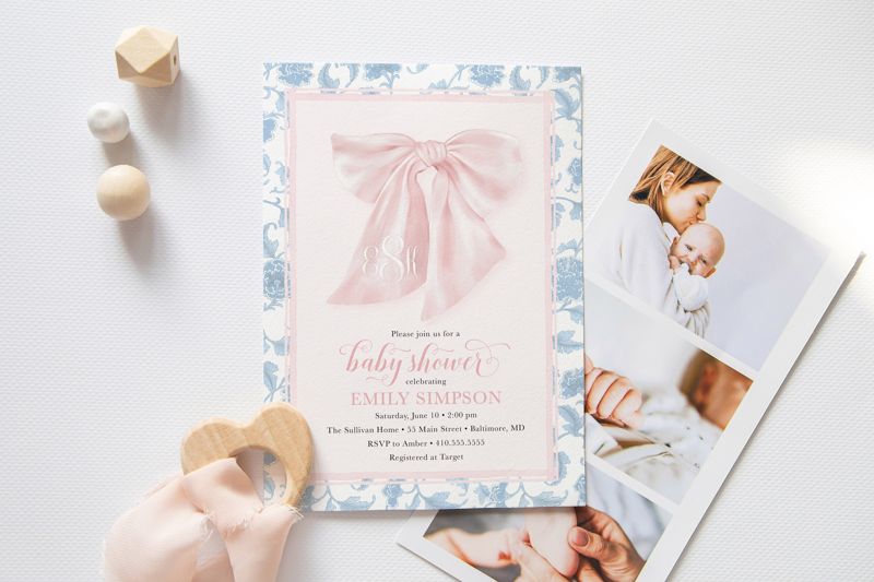 Preppy Southern Pink Bow Monogram Chinoiserie Baby Shower Invitation, Girl Baby Sprinkle Invites, Baby Girl Shower Invitations (10 printed invitations | Plain White Envelopes)
