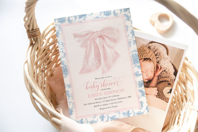 Preppy Southern Pink Bow Monogram Chinoiserie Baby Shower Invitation, Girl Baby Sprinkle Invites, Baby Girl Shower Invitations (10 printed invitations | Plain White Envelopes)