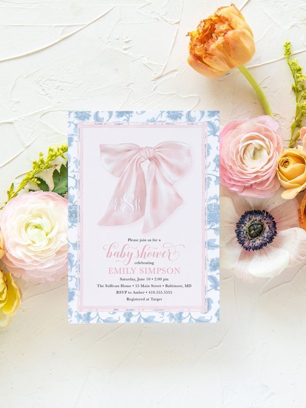 Preppy Southern Pink Bow Monogram Chinoiserie Baby Shower Invitation, Girl Baby Sprinkle Invites, Baby Girl Shower Invitations (10 printed invitations | Plain White Envelopes)