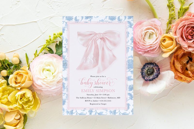 Preppy Southern Pink Bow Monogram Chinoiserie Baby Shower Invitation, Girl Baby Sprinkle Invites, Baby Girl Shower Invitations (10 printed invitations | Plain White Envelopes)