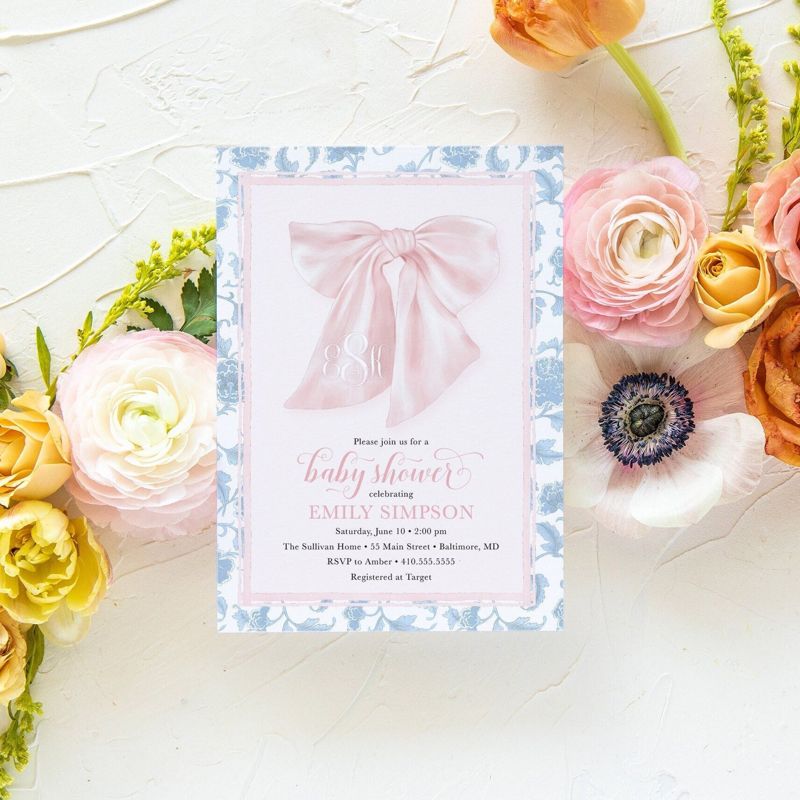 Preppy Southern Pink Bow Monogram Chinoiserie Baby Shower Invitation, Girl Baby Sprinkle Invites, Baby Girl Shower Invitations (10 printed invitations | Plain White Envelopes)
