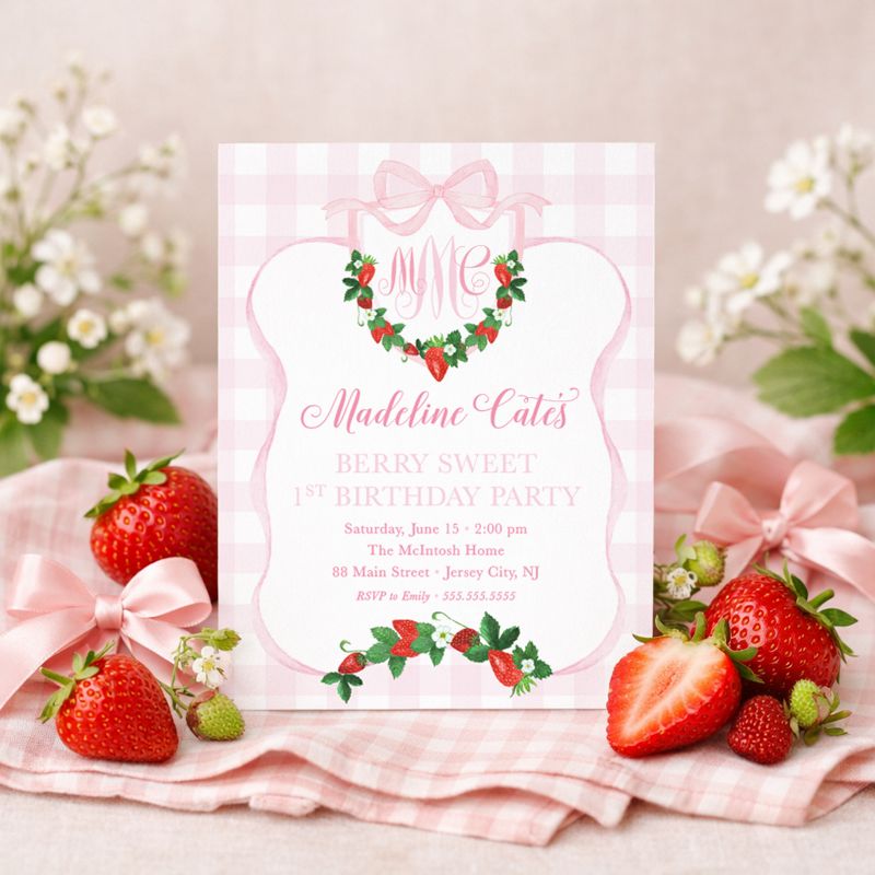 Berry Sweet First Birthday Invitation - Preppy Pink Monogram - Strawberry Watercolor Crest - Gingham Bow Party - Berry First Birthday (10 printed invitations | Plain White Envelopes)