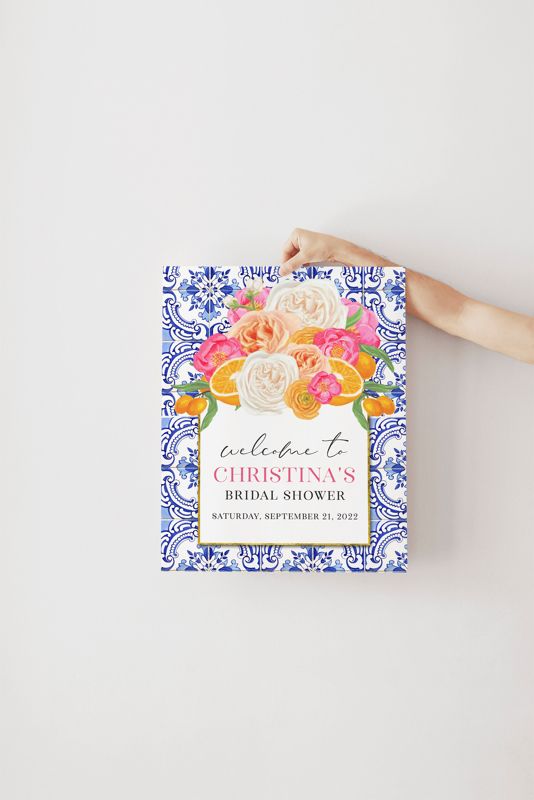 Citrus Bridal Shower Welcome Sign - Orange Bridal Shower - Oranges and Blue Tile - Printable Sign